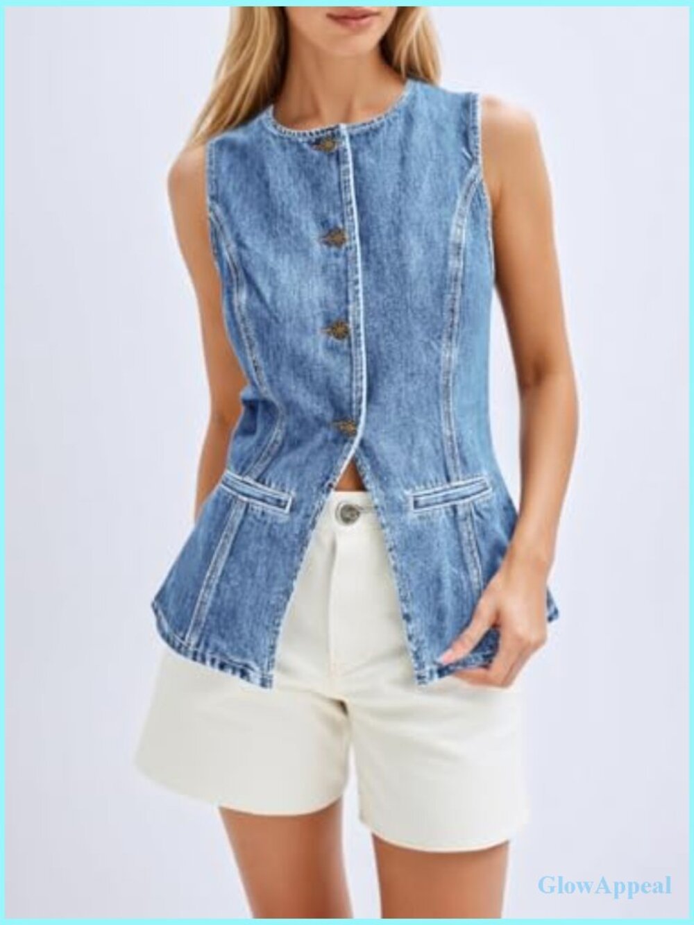 Fitted Sleeveless Denim Vest Button Down Crew Neck Waistcoat Ladies Jean Tank - Picture 6 of 7